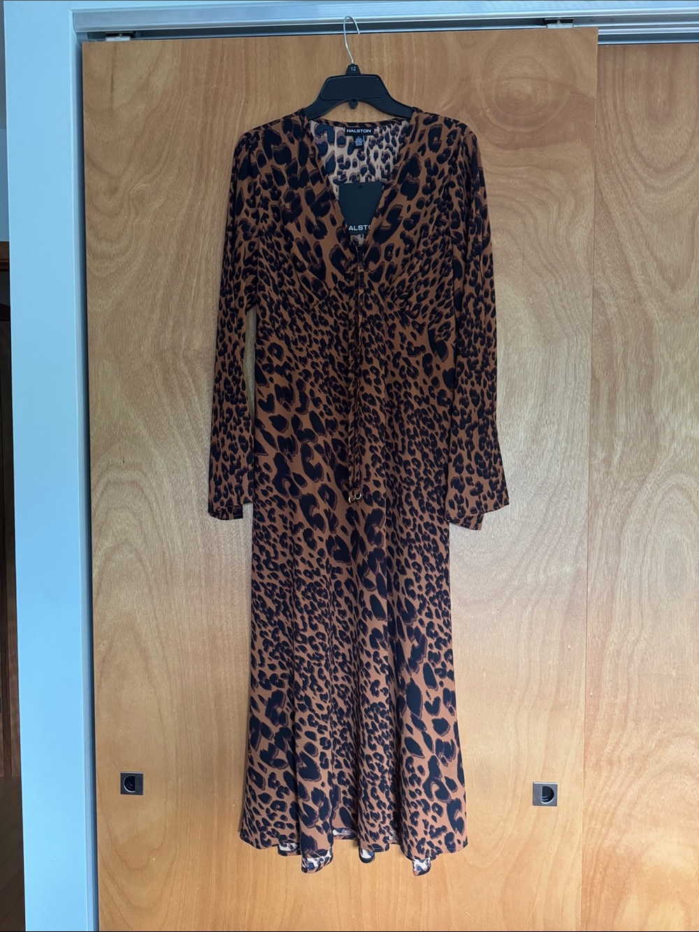 Halston Heritage Black and Brown Leopard-Print Midi V neck Dress